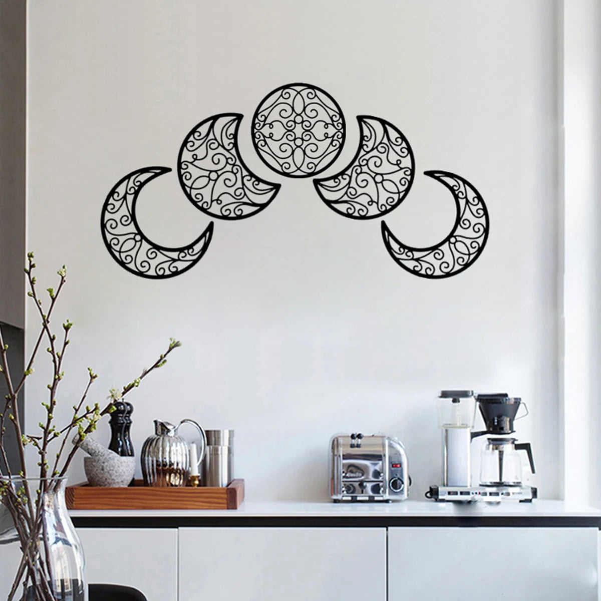 5pcs Black Moon Phase 3D Wall Hanging - Nordic Bohemian Spiritual Bedroom & Christmas Decor