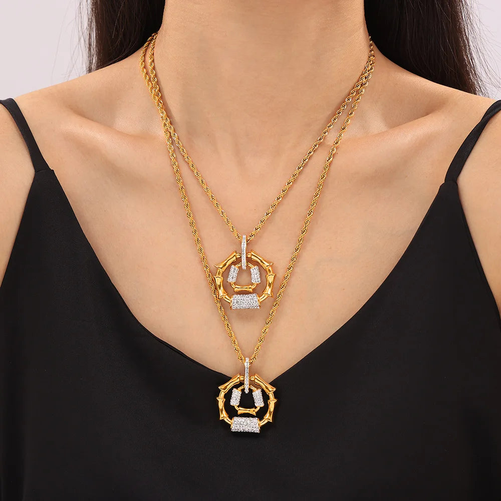 Stainless Steel Gold-Plated Bracelet Luxury Rhinestone Oval Pendant Necklace Set