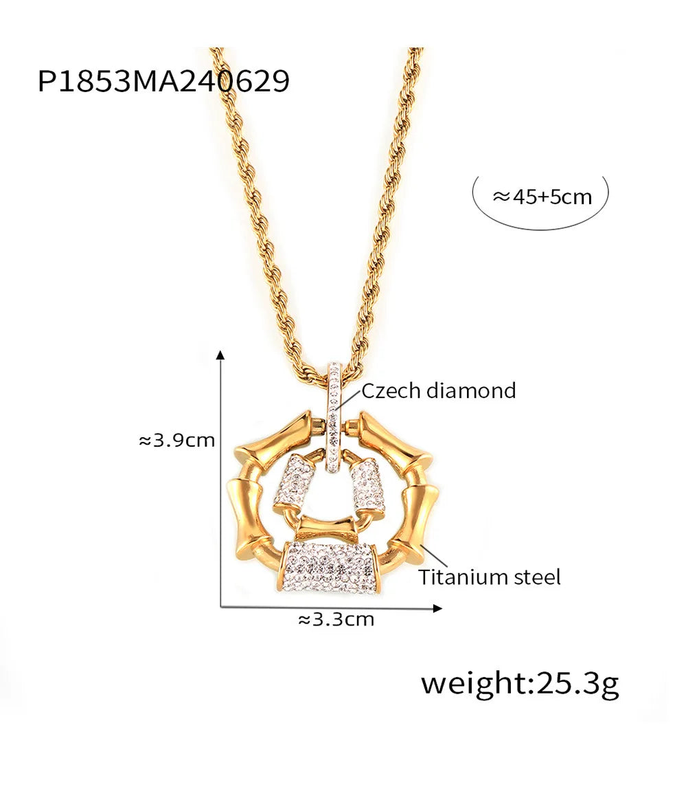 Stainless Steel Gold-Plated Bracelet Luxury Rhinestone Oval Pendant Necklace Set