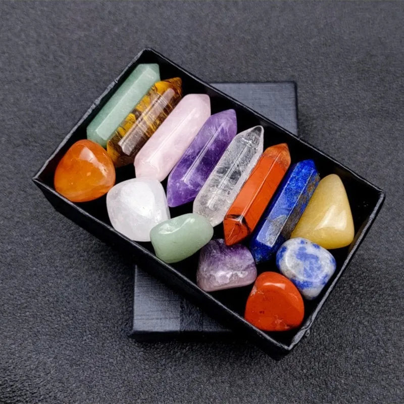 14pcs Pointed Quartz Crystal Chakra Healing Stones Set - Hexagon Rose Quartz Gems for Meditation and Bedroom Decor