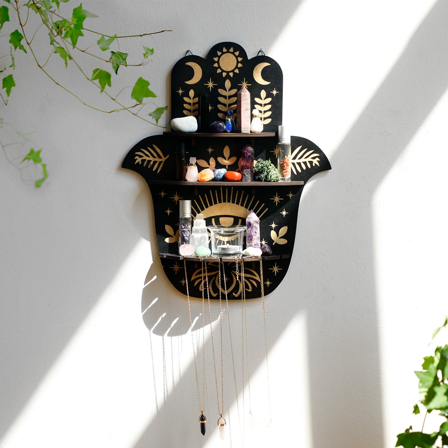 Multilayer Crystal Wall Shelf with Evil Eye Hand - Boho Home Decor Stone Holder Display Stand