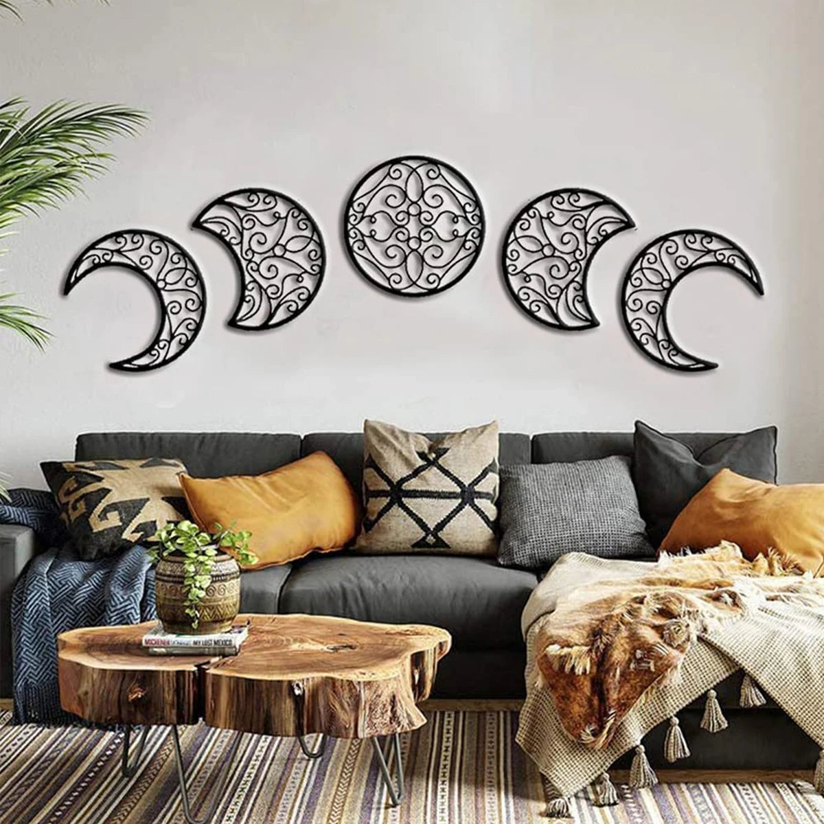 5pcs Black Moon Phase 3D Wall Hanging - Nordic Bohemian Spiritual Bedroom & Christmas Decor