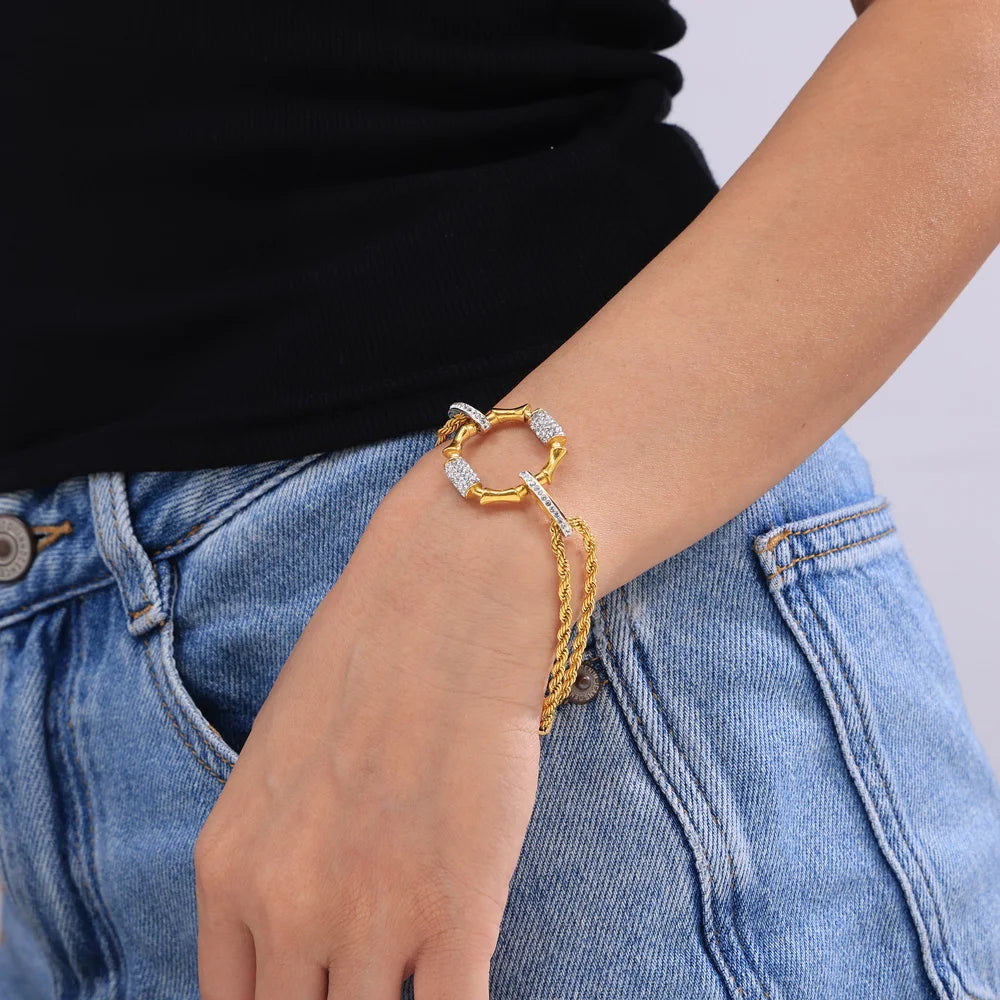 Stainless Steel Gold-Plated Bracelet Luxury Rhinestone Oval Pendant Necklace Set