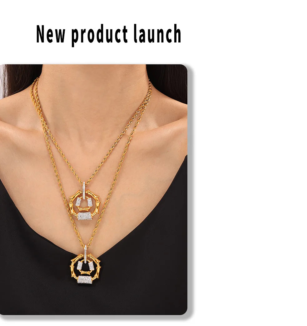 Stainless Steel Gold-Plated Bracelet Luxury Rhinestone Oval Pendant Necklace Set