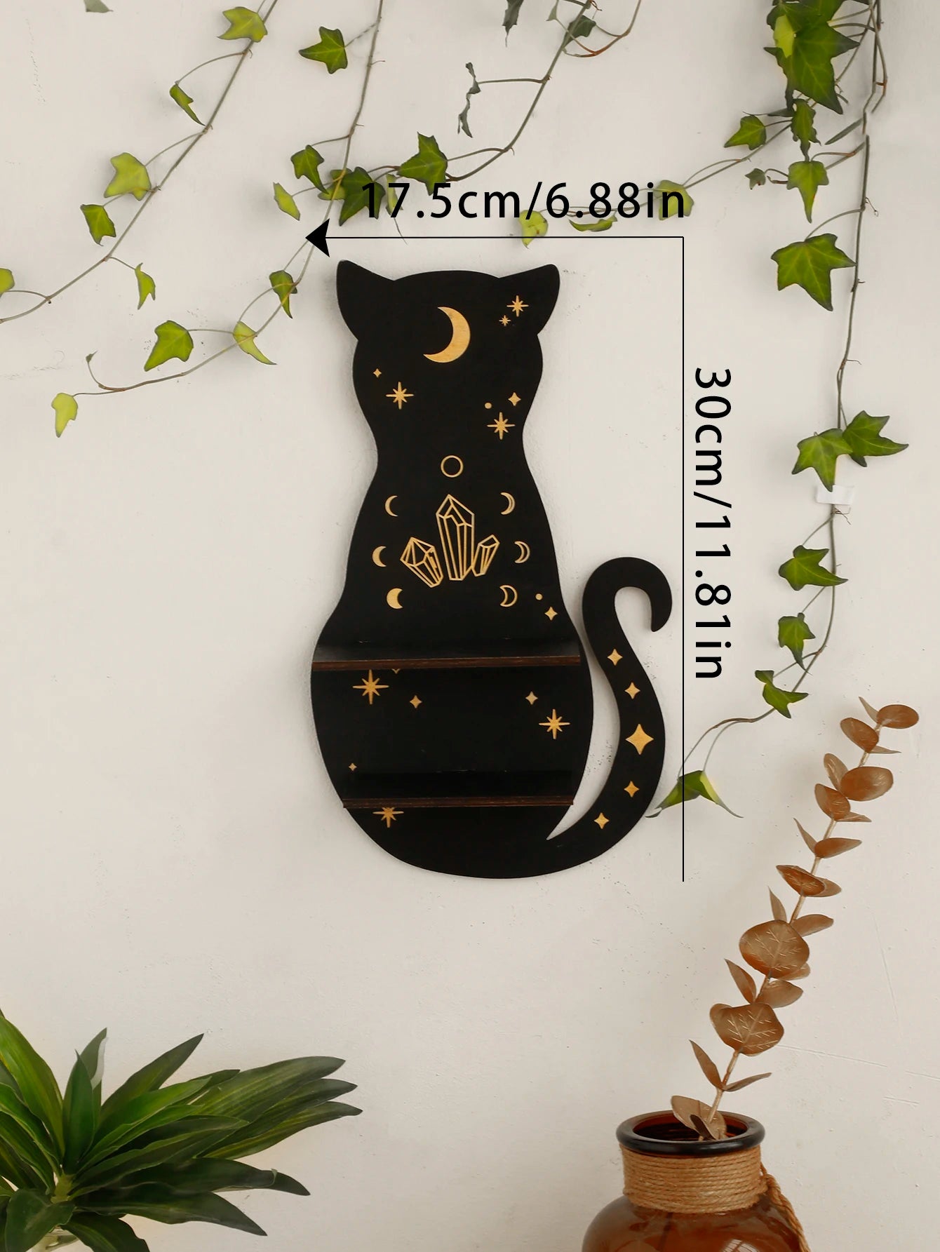 Black Cat Moon Phase Wooden Shelf - Chakra Crystal Holder & Witchy