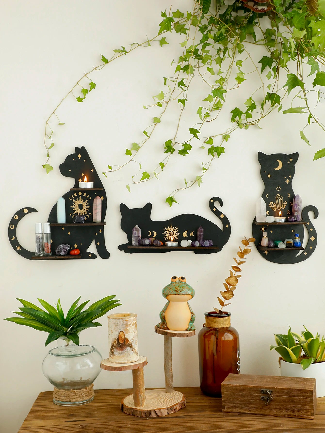 Black Cat Moon Phase Wooden Shelf - Chakra Crystal Holder & Witchy