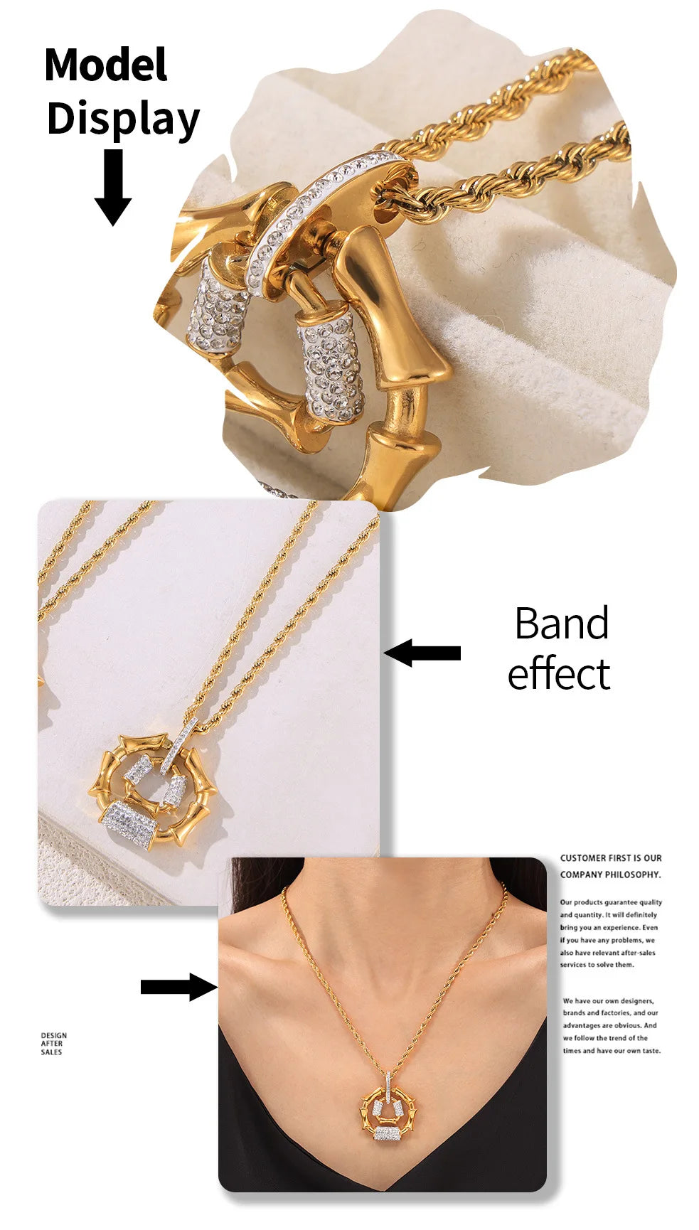Stainless Steel Gold-Plated Bracelet Luxury Rhinestone Oval Pendant Necklace Set