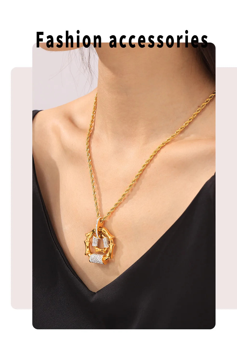Stainless Steel Gold-Plated Bracelet Luxury Rhinestone Oval Pendant Necklace Set