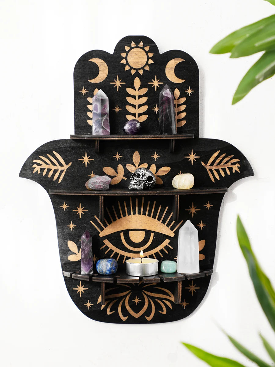 Multilayer Crystal Wall Shelf with Evil Eye Hand - Boho Home Decor Stone Holder Display Stand