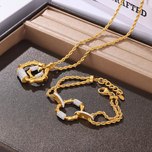 Stainless Steel Gold-Plated Bracelet Luxury Rhinestone Oval Pendant Necklace Set
