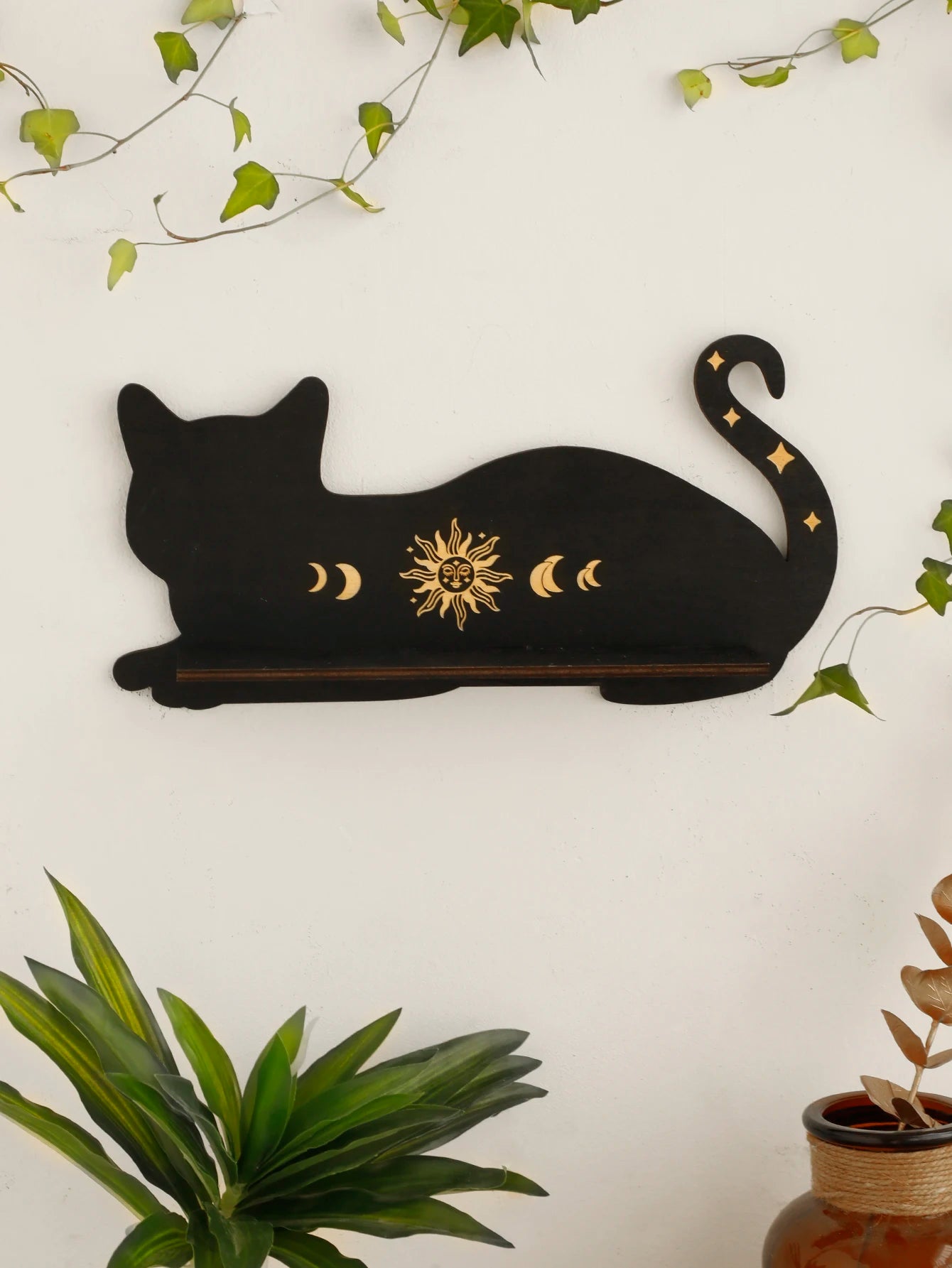 Black Cat Moon Phase Wooden Shelf - Chakra Crystal Holder & Witchy