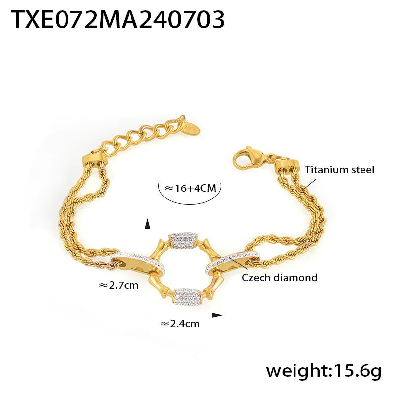 Stainless Steel Gold-Plated Bracelet Luxury Rhinestone Oval Pendant Necklace Set