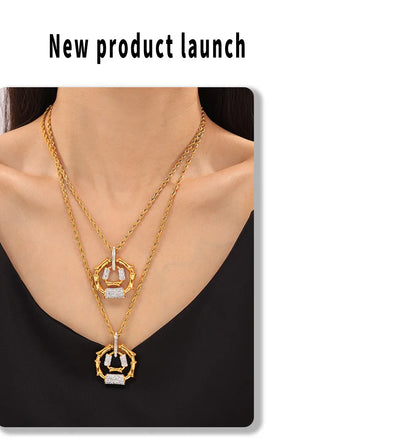 Stainless Steel Gold-Plated Bracelet Luxury Rhinestone Oval Pendant Necklace Set