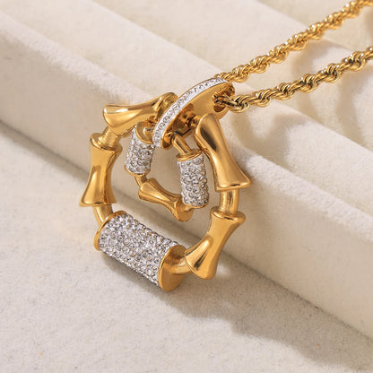 Stainless Steel Gold-Plated Bracelet Luxury Rhinestone Oval Pendant Necklace Set