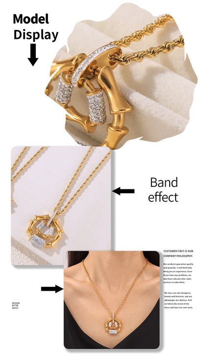 Stainless Steel Gold-Plated Bracelet Luxury Rhinestone Oval Pendant Necklace Set
